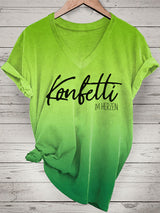 Damen V-Ausschnitt T-Shirt mit Aufdruck „Konfetti im Herzen“ – Leichtes Kurzarmshirt für Alltag & gute Laune