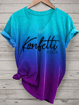 Damen V-Ausschnitt T-Shirt mit Aufdruck „Konfetti im Herzen“ – Leichtes Kurzarmshirt für Alltag & gute Laune