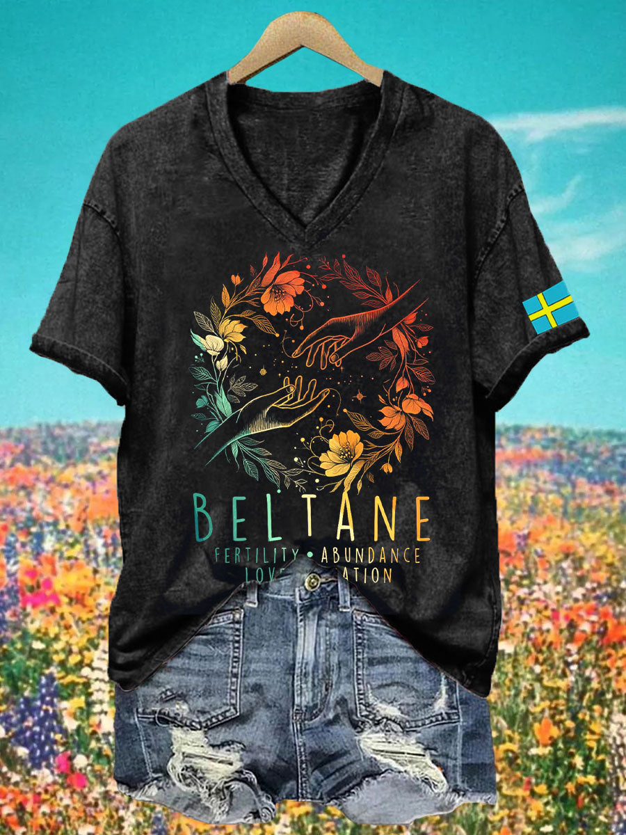 Damen Beltane Print V-Ausschnitt T-Shirt – Mystisch, floral & spiritue ...