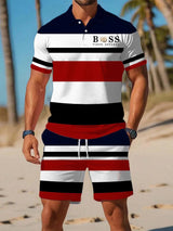 Herren Polo-Zweiteiler mit Streifenmuster – Kurzarmshirt & Shorts aus Polyester für Urlaub & Freizeit