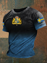 T-Shirt mit schwedischem Wappenprint und Farbverlauf für Herren – Kurzarmshirt aus Baumwollmischung für Alltag & Freizeit