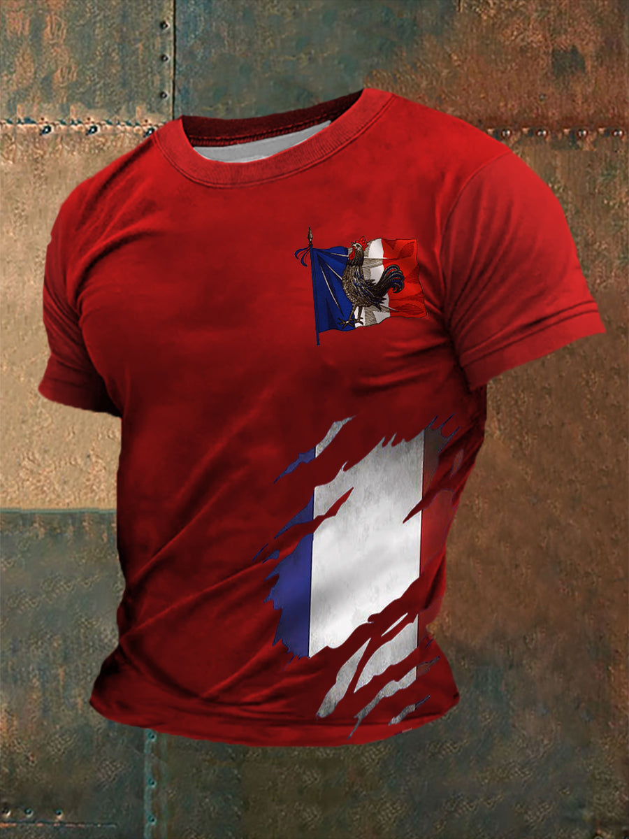 Herren T-Shirt mit französischer Flagge & Le Coq Gaulois – Kurzarmshirt aus Baumwollmix für Freizeit & Patriot-Looks