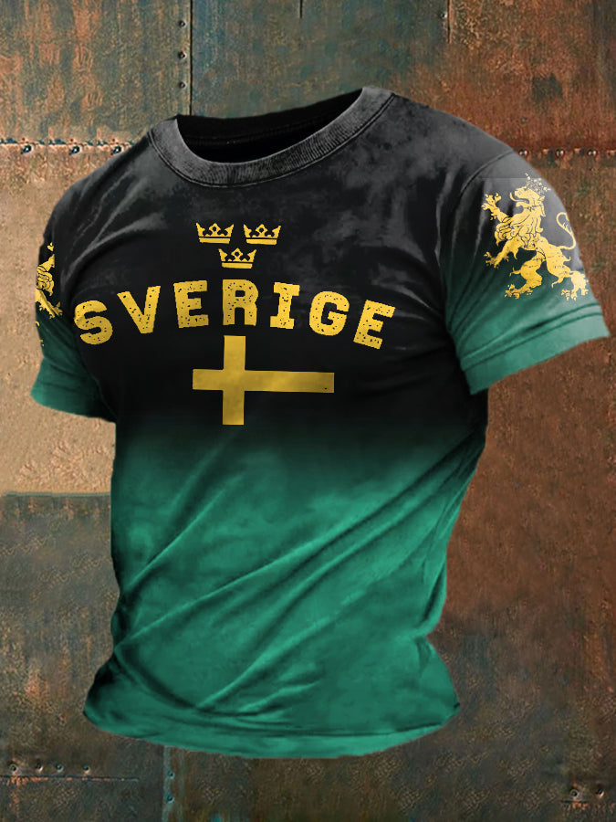 Herren T-Shirt mit Schweden-Print – Kurzarmshirt mit „Sverige“-Aufdruck & Löwenmotiv