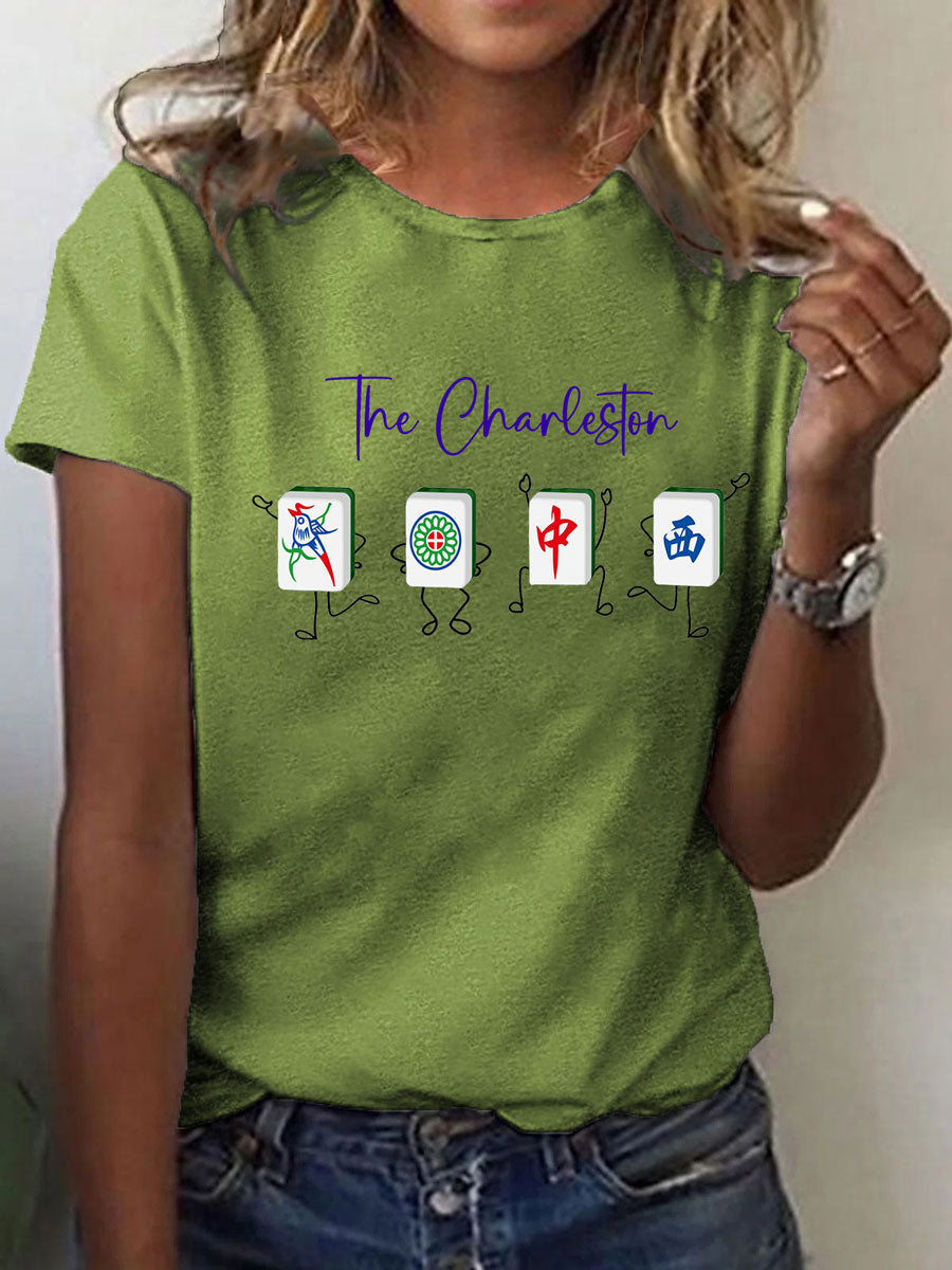 Damen-T-Shirt mit Charleston Mahjong Print – Kurzarmshirt für Spielabende & Freizeit Grün / S