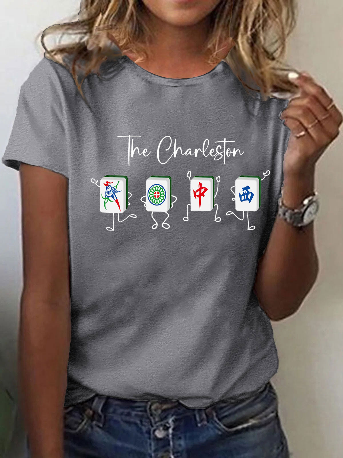 Damen-T-Shirt mit Charleston Mahjong Print – Kurzarmshirt für Spielabende & Freizeit Hellgrau / S