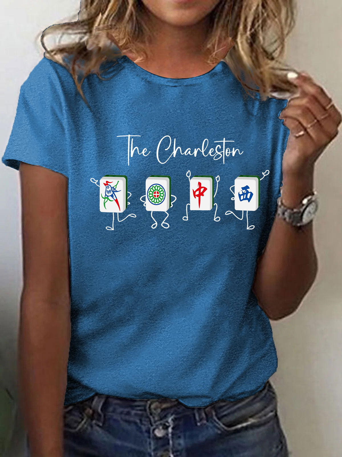 Damen-T-Shirt mit Charleston Mahjong Print – Kurzarmshirt für Spielabende & Freizeit Blau / S