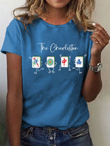 Damen-T-Shirt mit Charleston Mahjong Print – Kurzarmshirt für Spielabende & Freizeit Blau / S