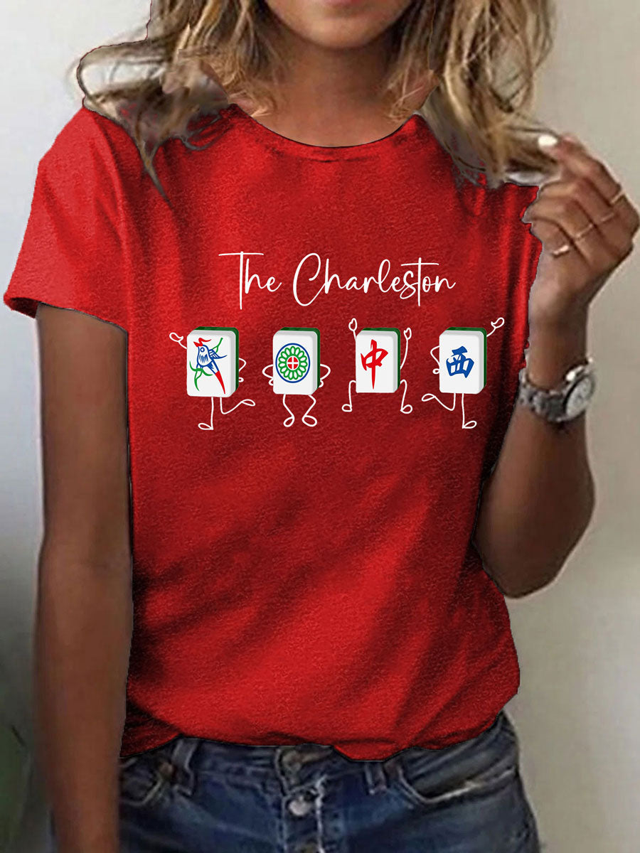 Damen-T-Shirt mit Charleston Mahjong Print – Kurzarmshirt für Spielabende & Freizeit Rot / S