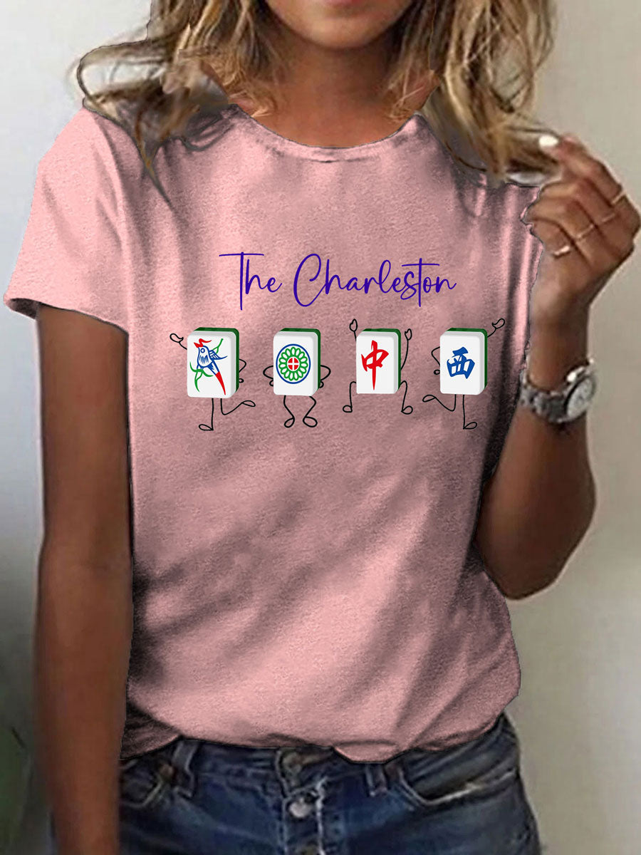 Damen-T-Shirt mit Charleston Mahjong Print – Kurzarmshirt für Spielabende & Freizeit Rosa / S