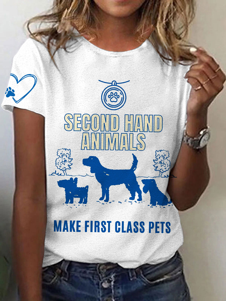 Damen-T-Shirt mit Tierschutz-Print – „Second Hand Animals“ Statementshirt für Tierliebhaberinnen Weiß / S