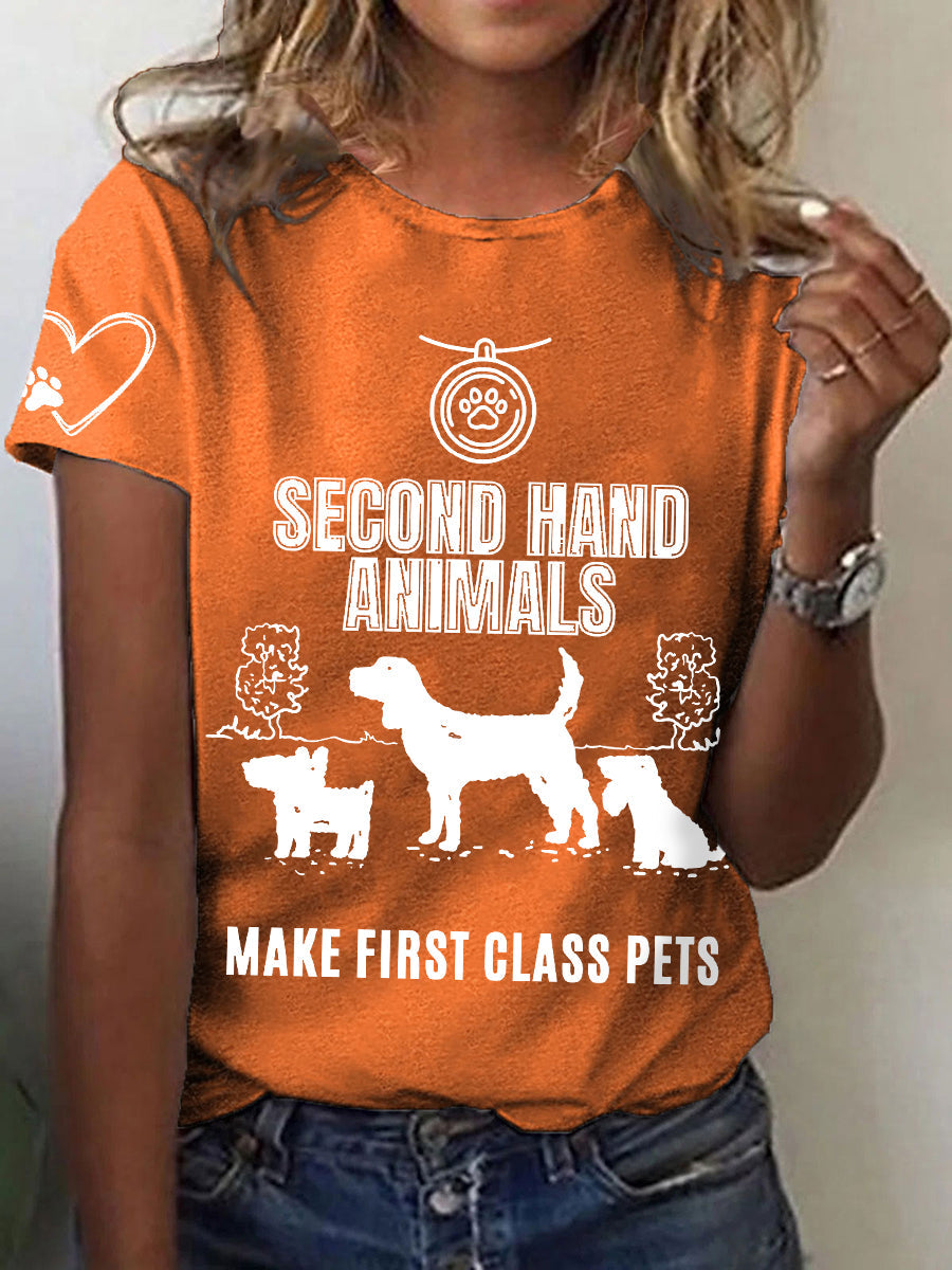Damen-T-Shirt mit Tierschutz-Print – „Second Hand Animals“ Statementshirt für Tierliebhaberinnen Orange / S