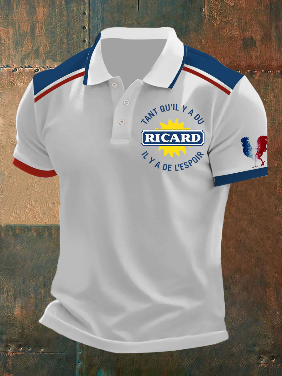 Herren-Poloshirt mit Ricard-Aufdruck – Kurzarmshirt mit französischem Statement und Hahn-Motiv Weiß / S