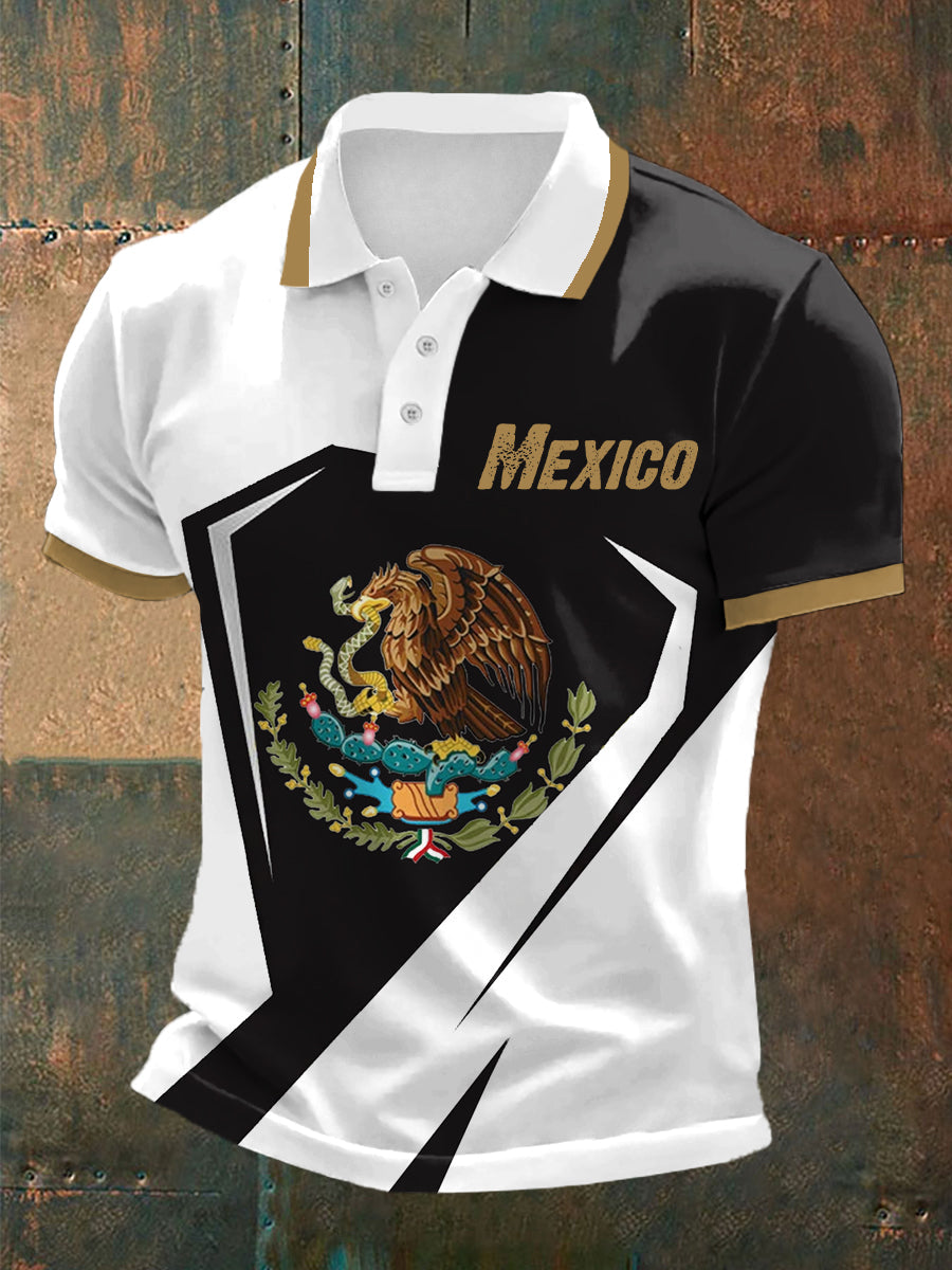 Herren Polo-Shirt mit Mexiko-Flagge – Kurzarm-Design mit Wappen-Print für Alltag & nationale Events Schwarz - Weiß / S