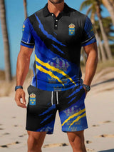 Herren 2-teiliges Schweden Polo-Set – Sommerliches Outfit mit königlichem Wappen-Print
