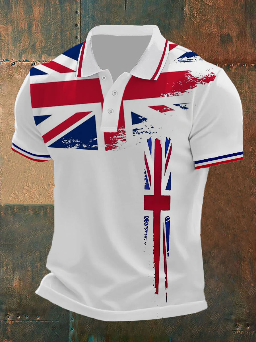 Herren Polo-Shirt mit Union Jack Print – Kurzarm-Poloshirt für Freizeit Urlaub & Sommer-Looks Weiß / S