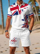 Union Jack Poloshirt-Set für Herren – Kurzarm-Shirt & Shorts im britischen Flaggenstil für Sommer & Freizeit