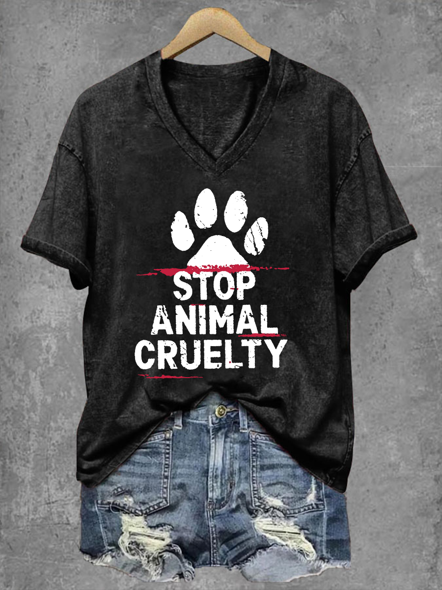 Damen T-Shirt mit Aufdruck „Stop Animal Cruelty“ – V-Ausschnitt & Statement-Design für Tierschutzfans