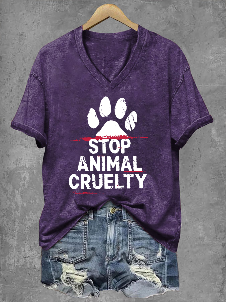 Damen T-Shirt mit Aufdruck „Stop Animal Cruelty“ – V-Ausschnitt & Statement-Design für Tierschutzfans
