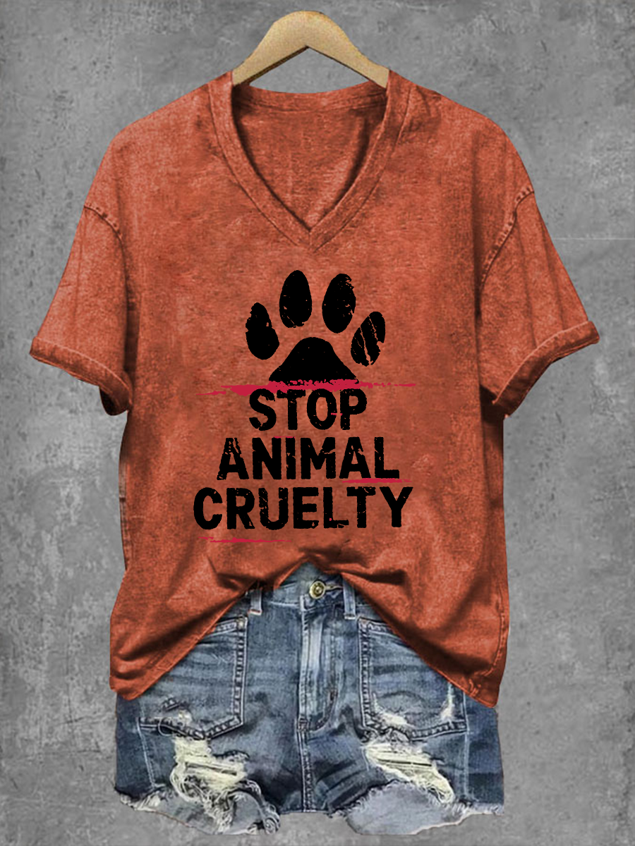 Damen T-Shirt mit Aufdruck „Stop Animal Cruelty“ – V-Ausschnitt & Statement-Design für Tierschutzfans