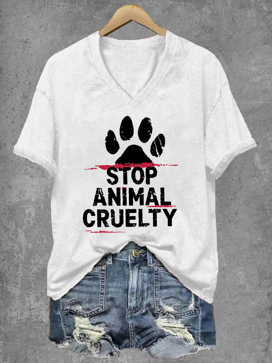 Damen T-Shirt mit Aufdruck „Stop Animal Cruelty“ – V-Ausschnitt & Statement-Design für Tierschutzfans