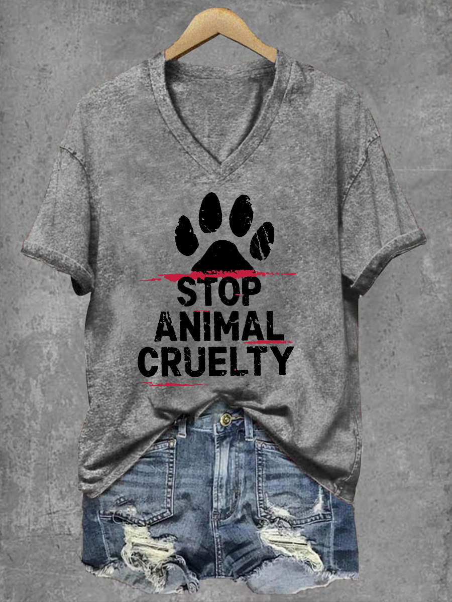 Damen T-Shirt mit Aufdruck „Stop Animal Cruelty“ – V-Ausschnitt & Statement-Design für Tierschutzfans