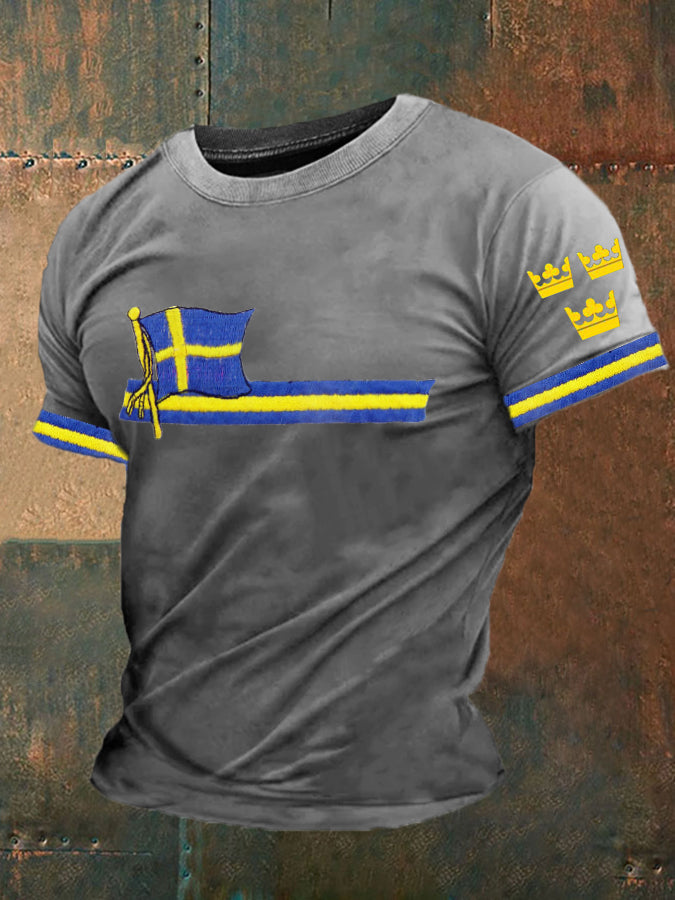 Herren T-Shirt mit Schwedenflagge – Kurzarmshirt mit patriotischem Print in Gelb und Blau