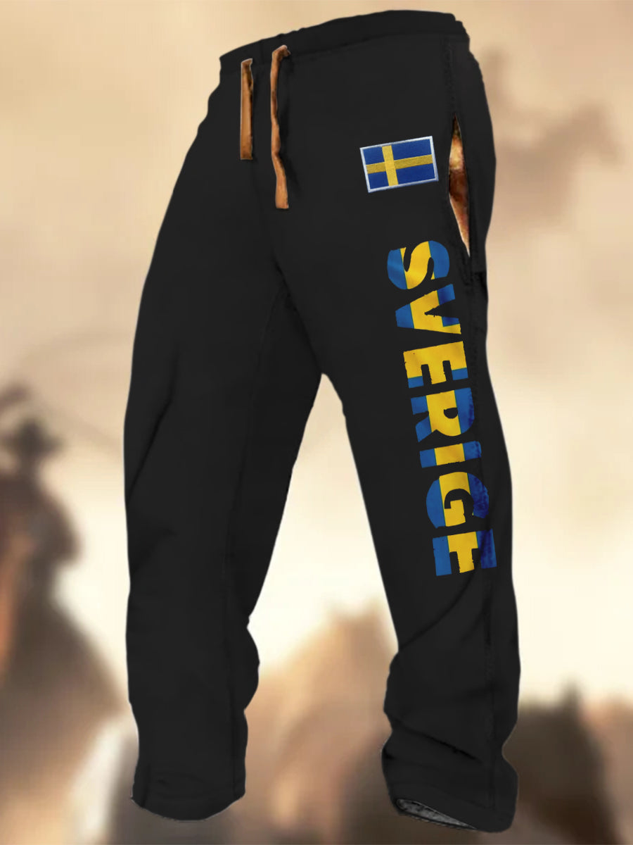 Herren Jogginghose mit Schweden-Flagge – Lässige Sporthose mit Print & Kordelzug Schwarz / S