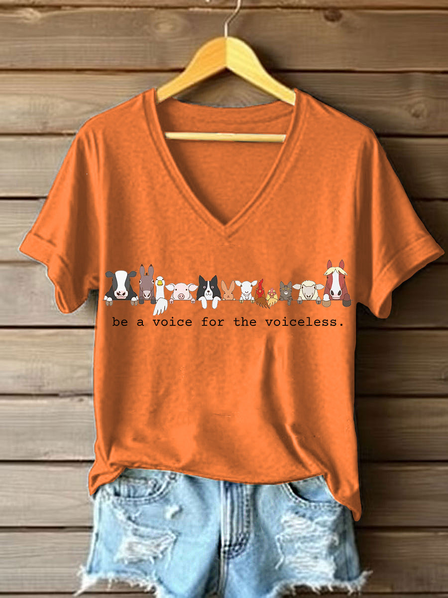Damen T-Shirt mit Tierschutz-Statement – „Be a Voice for the Voiceless“ Print & V-Ausschnitt Orange / S