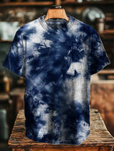 Herren Retro-T-Shirt mit Batikdruck – Dunkelblauer Wolken-Effekt für Freizeit & Streetwear