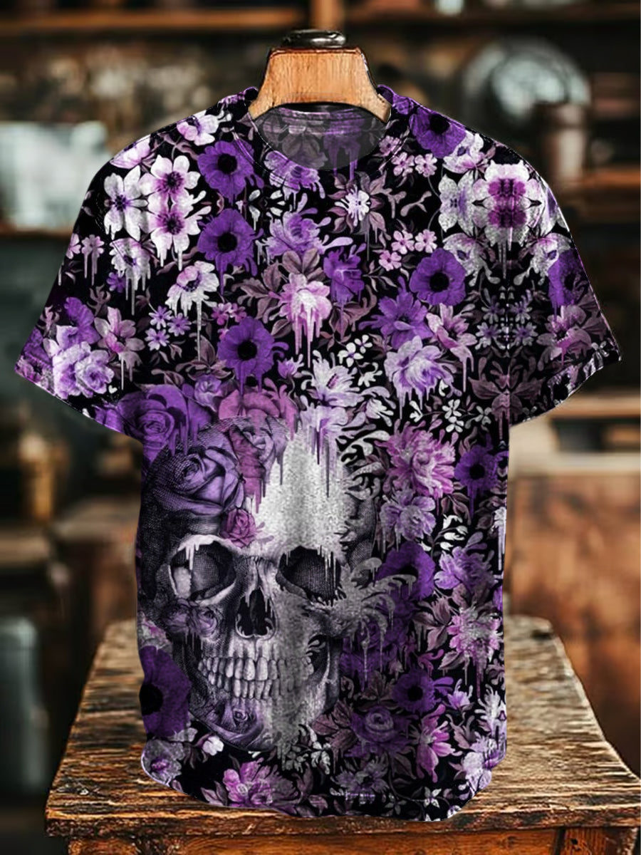 Herren T-Shirt mit Totenkopf und Blumenmuster – Retro-Punk-Stil für auffällige Streetwear-Looks