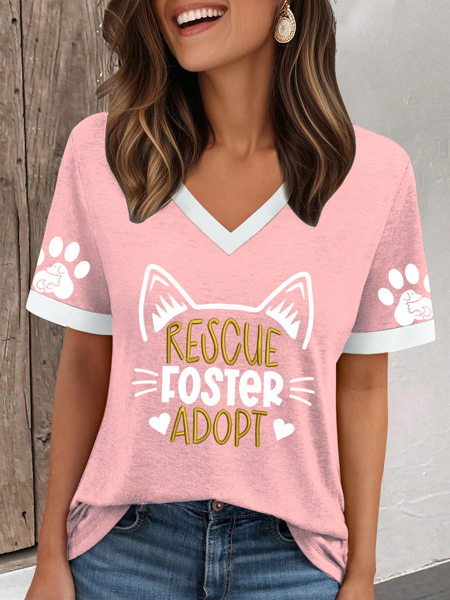 Damen Tierschutz T-Shirt mit "Rescue Foster Adopt" Print – Weiches Kurzarmshirt mit Katzenmotiv