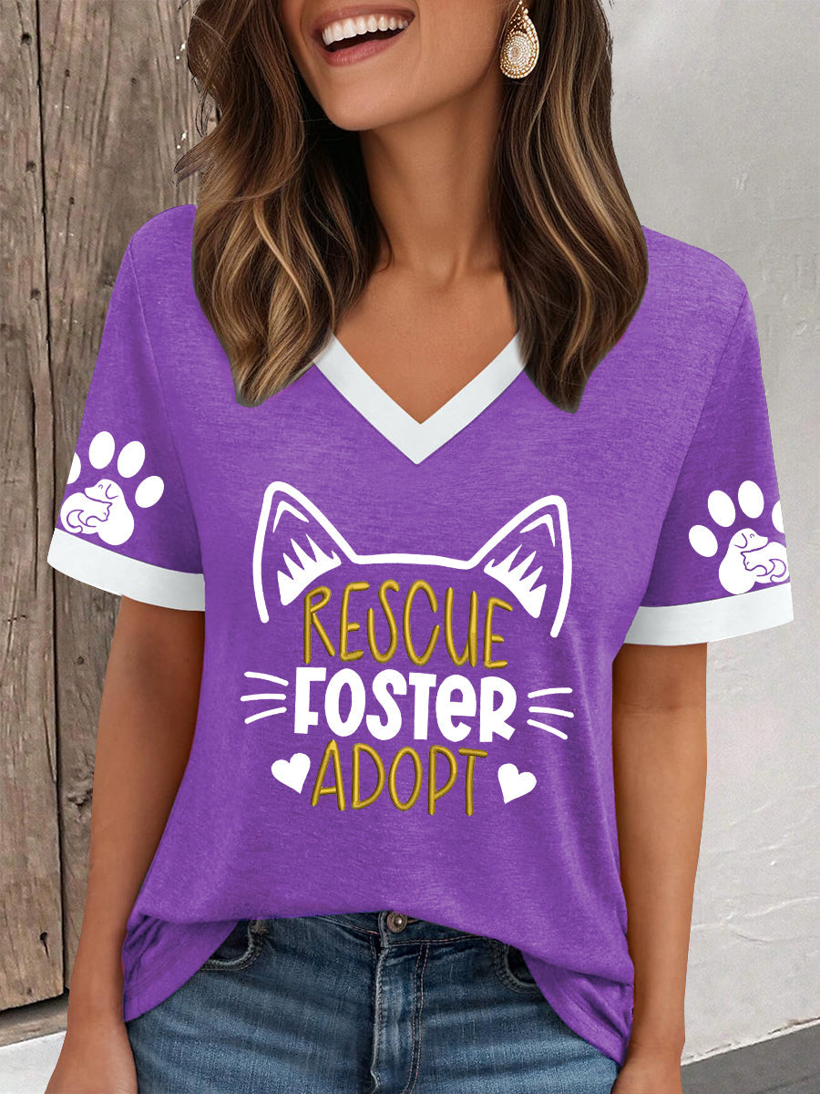Damen Tierschutz T-Shirt mit "Rescue Foster Adopt" Print – Weiches Kurzarmshirt mit Katzenmotiv