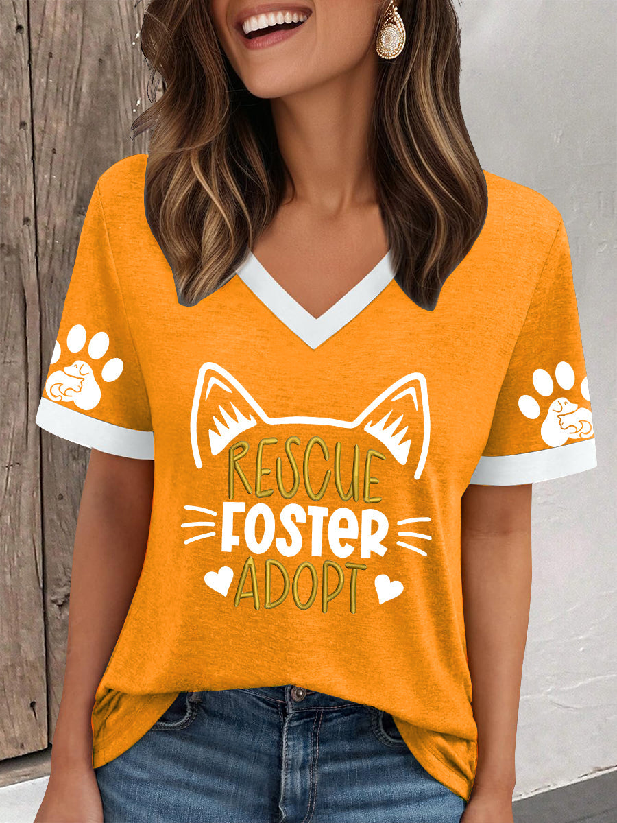 Damen Tierschutz T-Shirt mit "Rescue Foster Adopt" Print – Weiches Kurzarmshirt mit Katzenmotiv