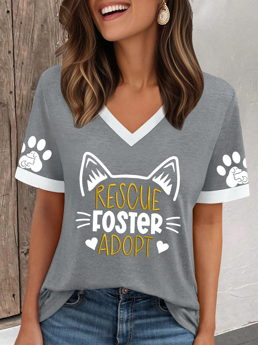 Damen Tierschutz T-Shirt mit "Rescue Foster Adopt" Print – Weiches Kurzarmshirt mit Katzenmotiv