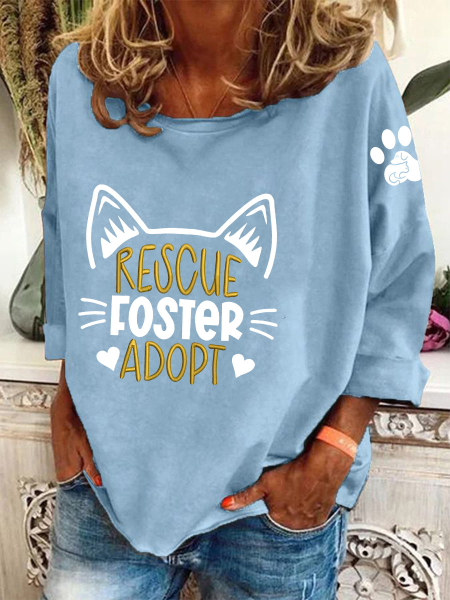 Damen Sweatshirt mit "Rescue Foster Adopt" Print – Lockerer Tierschutz-Pullover mit Katzenmotiv