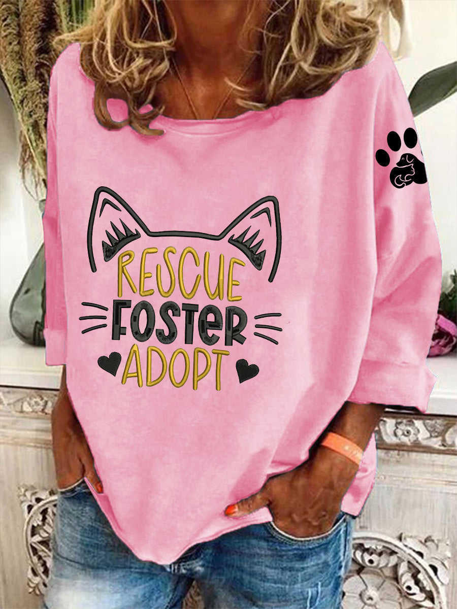 Damen Sweatshirt mit "Rescue Foster Adopt" Print – Lockerer Tierschutz-Pullover mit Katzenmotiv