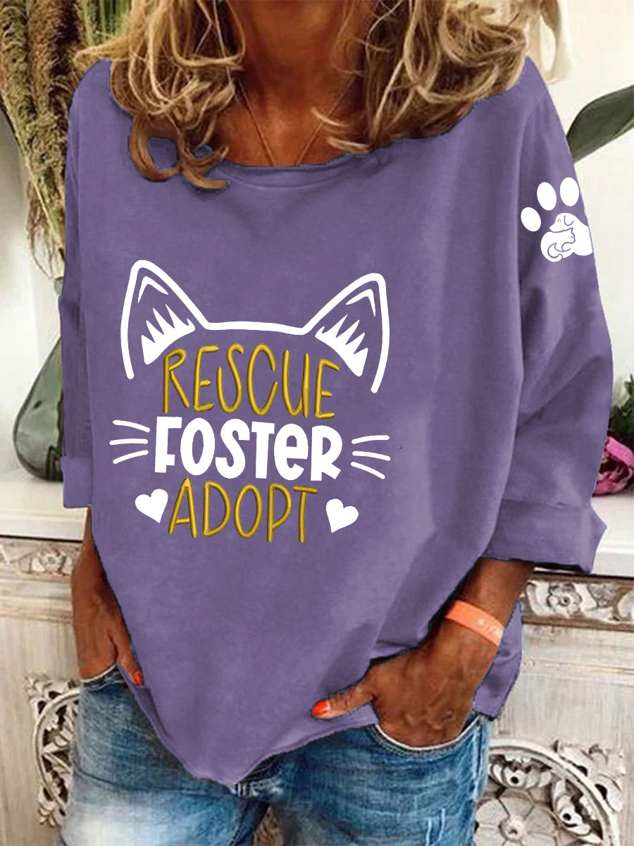 Damen Sweatshirt mit "Rescue Foster Adopt" Print – Lockerer Tierschutz-Pullover mit Katzenmotiv