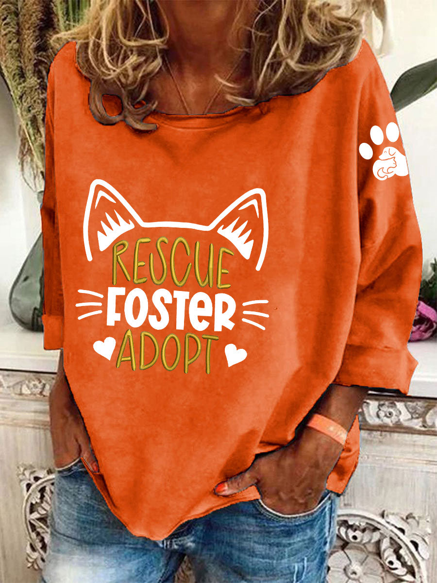 Damen Sweatshirt mit "Rescue Foster Adopt" Print – Lockerer Tierschutz-Pullover mit Katzenmotiv