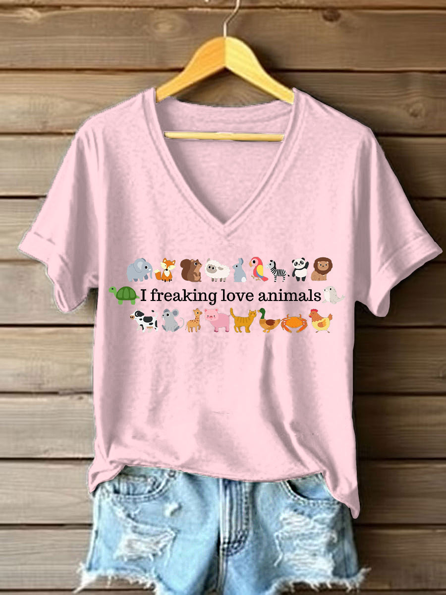 Damen-T-Shirt mit Tiermotiven und Schriftzug – „Ich liebe Tiere“ Print aus Baumwollmix