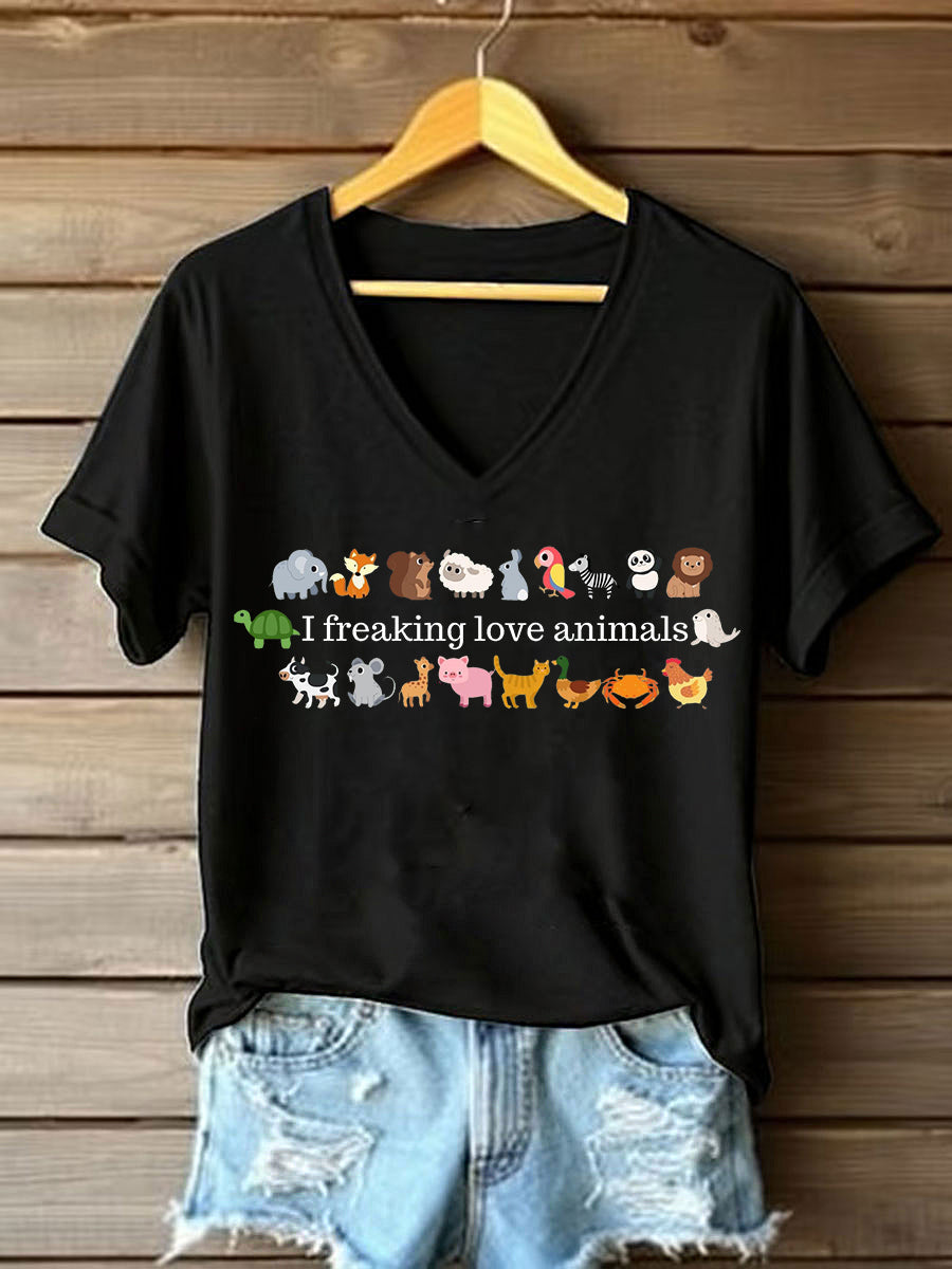 Damen-T-Shirt mit Tiermotiven und Schriftzug – „Ich liebe Tiere“ Print aus Baumwollmix