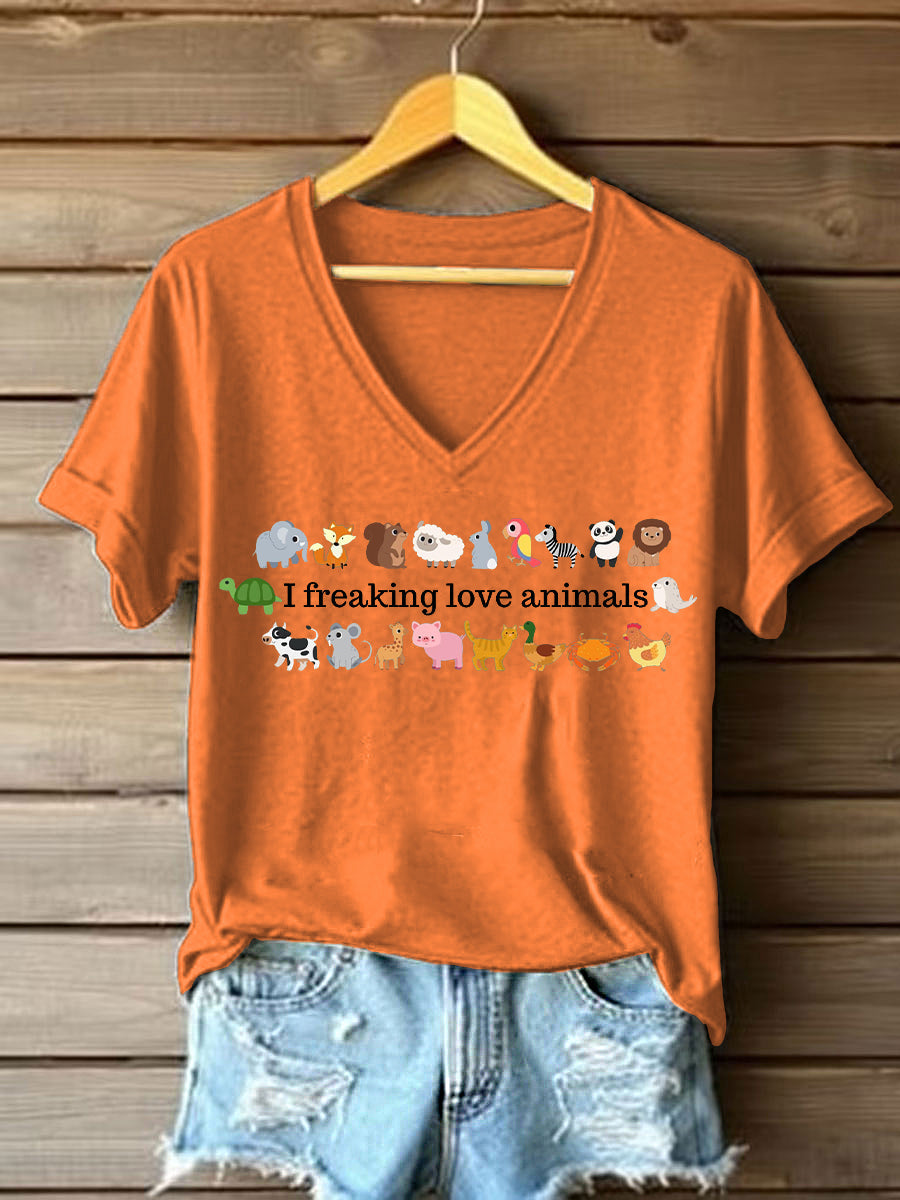 Damen-T-Shirt mit Tiermotiven und Schriftzug – „Ich liebe Tiere“ Print aus Baumwollmix