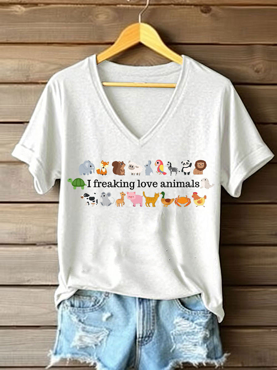 Damen-T-Shirt mit Tiermotiven und Schriftzug – „Ich liebe Tiere“ Print aus Baumwollmix