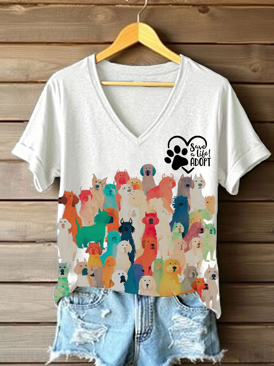 Damen-T-Shirt mit Hunde-Print und Botschaft – „Save a Life! Adopt“ Baumwollmischung, Tierschutz-Motiv