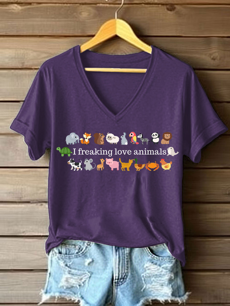 Damen-T-Shirt mit Tiermotiven und Schriftzug – „Ich liebe Tiere“ Print aus Baumwollmix