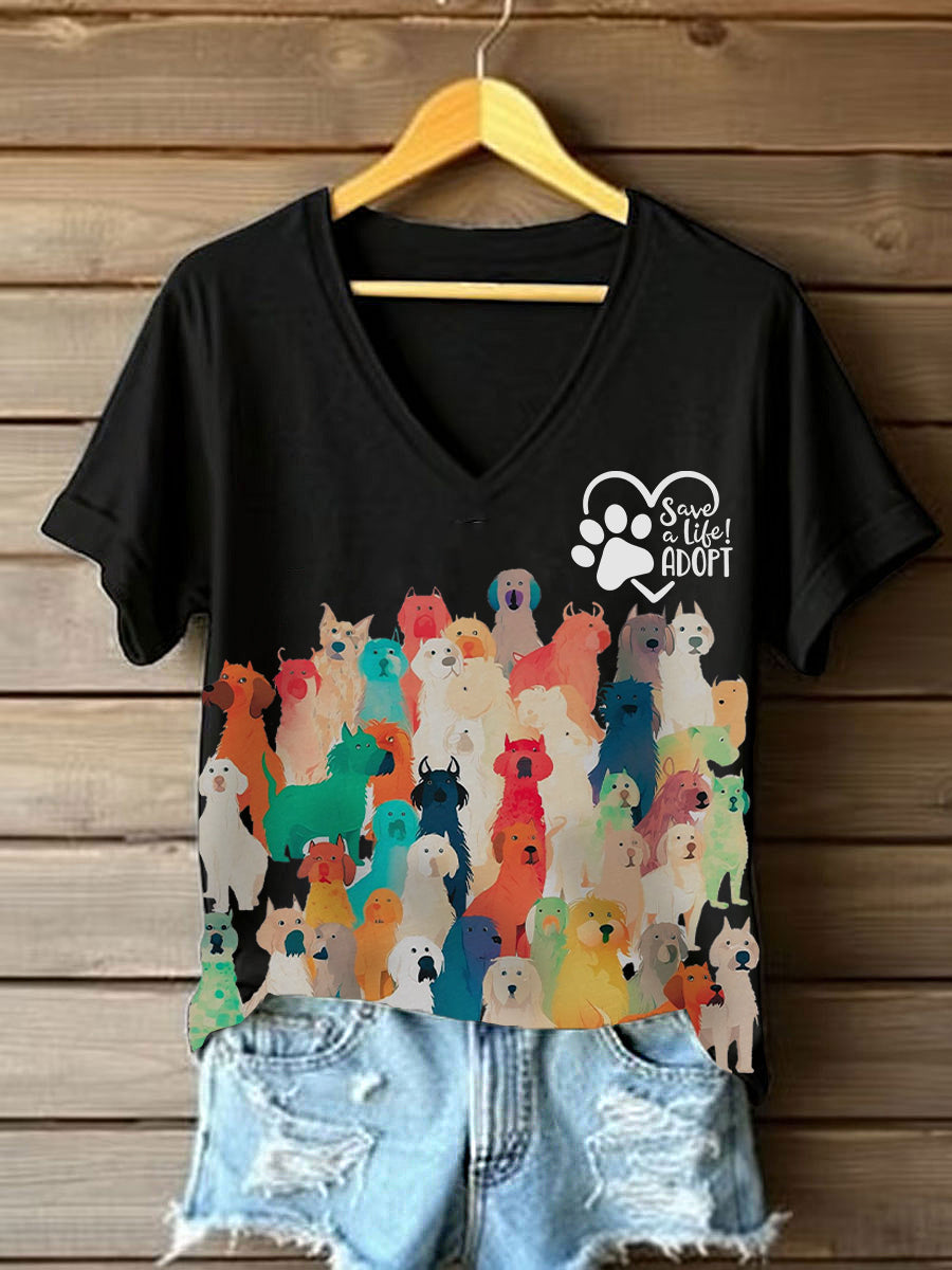 Damen-T-Shirt mit Hunde-Print und Botschaft – „Save a Life! Adopt“ Baumwollmischung, Tierschutz-Motiv