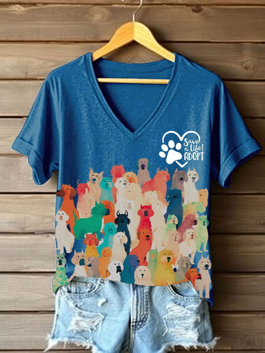 Damen-T-Shirt mit Hunde-Print und Botschaft – „Save a Life! Adopt“ Baumwollmischung, Tierschutz-Motiv