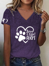 Damen-T-Shirt mit V-Ausschnitt – „Save a Life! Adopt“-Print aus Baumwollmischung, Tierschutz-Motiv