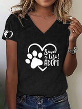 Damen-T-Shirt mit V-Ausschnitt – „Save a Life! Adopt“-Print aus Baumwollmischung, Tierschutz-Motiv
