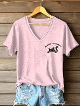 Damen-T-Shirt mit Katze und Tierschutz-Botschaft – V-Ausschnitt, Baumwollmischung, kurzarm