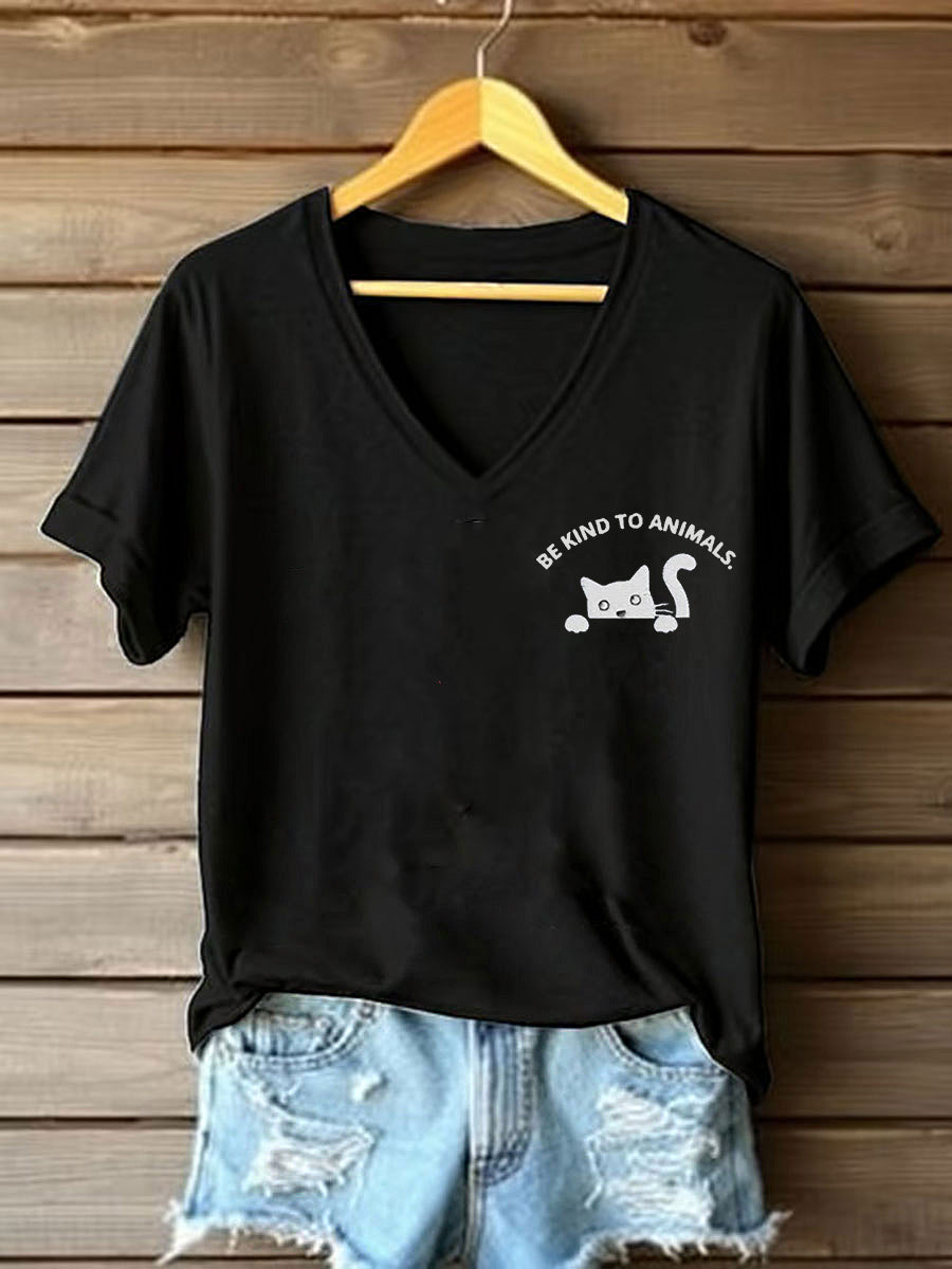 Damen-T-Shirt mit Katze und Tierschutz-Botschaft – V-Ausschnitt, Baumwollmischung, kurzarm